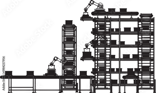 Industrial robotic arms, factory automation, warehouse robotics, manufacturing technology