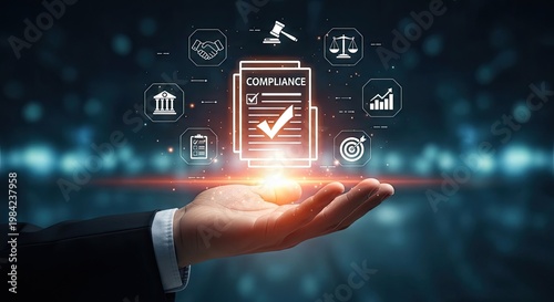 Businessman hand holding digital compliance document with legal icons.