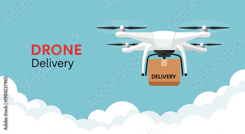 Drone flying with delivery package against cloudy sky background