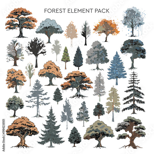 Forest Tree Elements Pack, Vector Illustration of Diverse Trees and Woodland Foliage