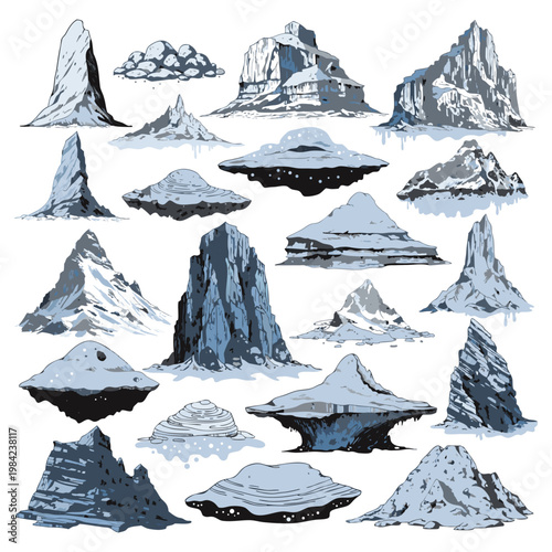 Icebergs and Snowy Mountains,  Arctic Vector Landscape Element Set