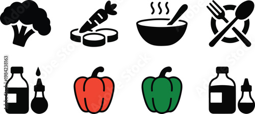 Healthy food icons set featuring vegetables and cooking ingredients with broccoli carrot soup bowl and pepper on grid background.