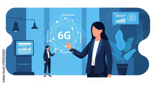 Businesswoman interacting with a holographic 6G wireless network interface and data visualization charts in a modern blue-toned flat vector illustration office setting.