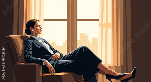Elegant businesswoman wearing a navy blue suit sitting in a brown leather armchair with eyes closed, relaxing in a bright office by a large window with city skyline background.