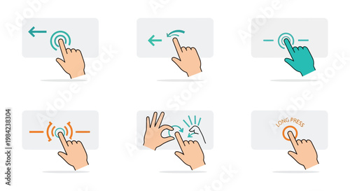 Illustrations depict various touch screen gestures including taps swipes and long presses presented in a minimalist silhouette high quality professional detailed