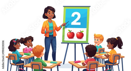 A diverse group of children sitting at desks in a classroom while a teacher points to a number two poster with apples.