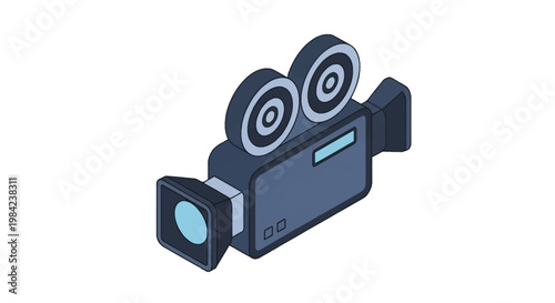 Isometric 3D vector illustration of a professional movie camera with dual film reels and a viewfinder, isolated on a white background, representing cinematography and film production.