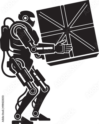 Robot, industrial robot, mechanical worker, black and white vector, futuristic technology, automation, robotics