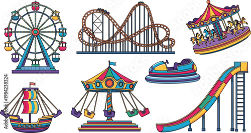 Amusement Park Ride Collection with Ferris Wheel, Roller Coaster, Carousel, Bumper Car, and Water Slide for Fun Fair Designs