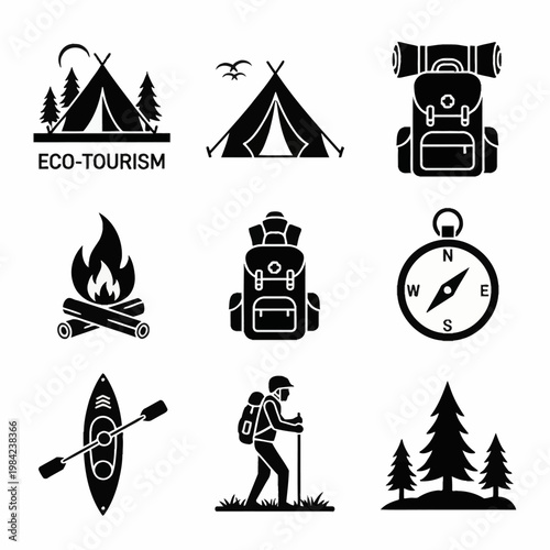 Collection of black and white outdoor adventure icons including camping tents, hiking backpacks, a bonfire, navigational compass, kayak with paddle, hiker, and pine forest silhouettes.