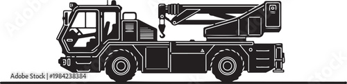 Black, industrial crane truck, heavy equipment, construction vehicle, side view