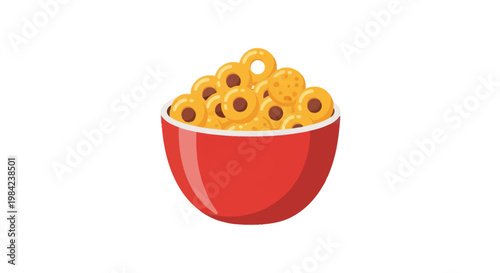 Minimalist vector illustration of a red ceramic bowl filled with toasted golden yellow cereal rings and loops, isolated on a white background, highlighting healthy breakfast food.