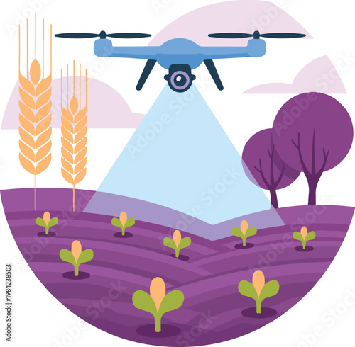 Smart agriculture with drone monitoring farm fields, modern farming technology for crop health and growth analysis.