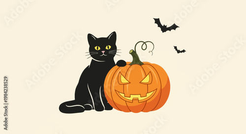 Vector illustration featuring a black cat with yellow eyes sitting next to a carved orange Halloween jack-o-lantern pumpkin and bats flying on a light cream background.