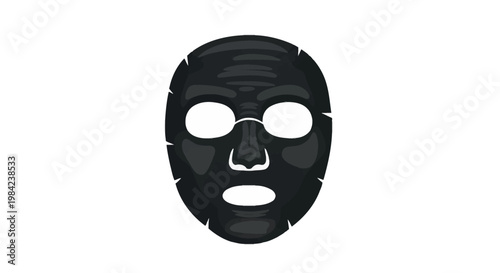 Black charcoal sheet mask for facial skincare treatment and beauty routine, featuring cutouts for eyes, nose, and mouth, isolated on a white background for cosmetic product concepts.
