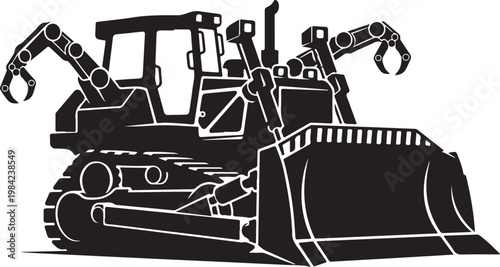 Bulldozer, heavy equipment, construction vehicle, industrial machine, black and white vector