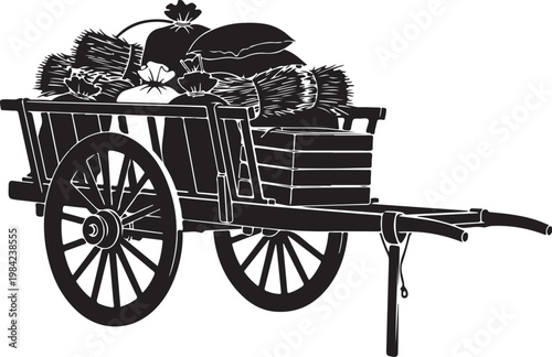 Vintage wooden cart, rustic wheelbarrow, garden tools, black silhouette illustration