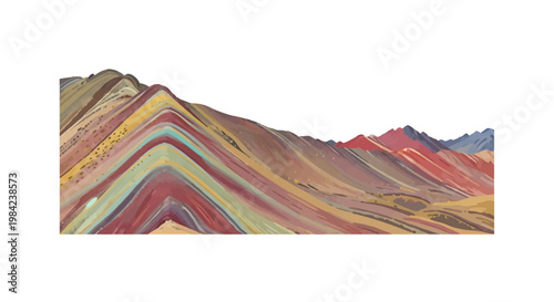 Detailed vector illustration of a rainbow mountain featuring multi-colored geological strata including red, yellow, and blue layers, isolated on a white background, Andean landscape.