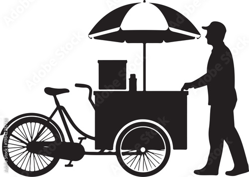 Black silhouette of man pushing food cart bicycle with umbrella, vendor icon, food truck, street food