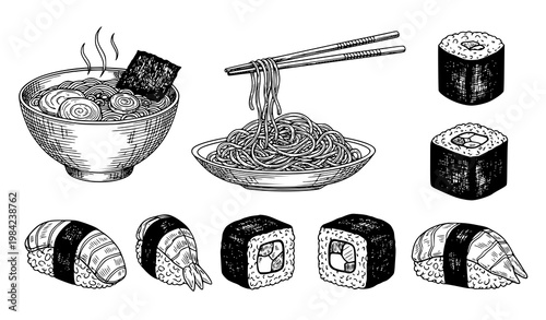 Hand drawn Japanese food sketch set with ramen soba noodles and sushi rolls detailed line art collection isolated on white