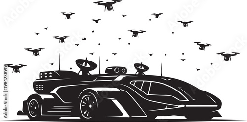 Futuristic police car, drone surveillance vector, law enforcement vehicle, black silhouette