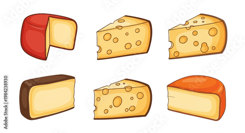 Set of hand-drawn vector illustrations featuring various cheese types including yellow Swiss wedges with holes, red wax coated Edam wheels, and smoked blocks isolated on white background.
