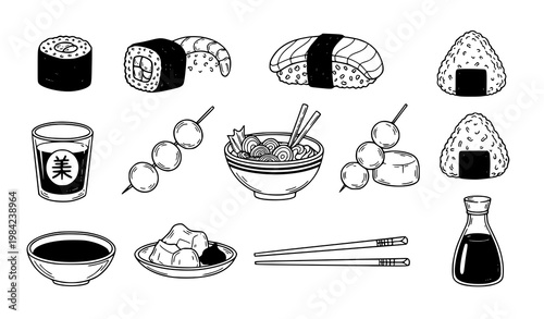 Japanese food doodle vector set with sushi ramen onigiri mochi and matcha hand drawn cuisine illustration collection