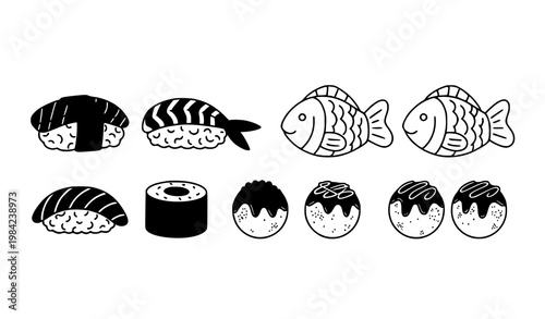 Minimal hand drawn Japanese cuisine vector set with sushi taiyaki and takoyaki clean outline food illustration