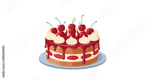 Layered cherry cake vector illustration with sponge, vanilla cream, red glaze drips, topped with whole cherries on stems and whipped cream swirls, isolated on a white background.