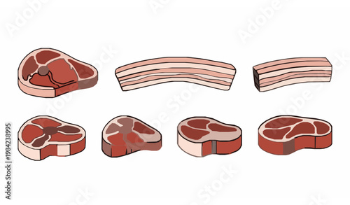 Minimal hand drawn meat cuts vector set with steak pork belly and sirloin clean outline food illustration