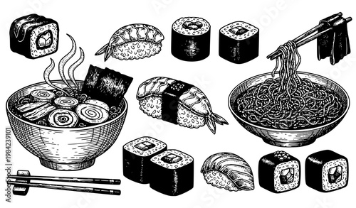 Vintage engraved Japanese food collection with ramen soba noodles and sushi roll hand drawn cuisine vector set