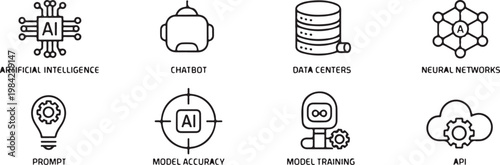Artificial intelligence related vector line icon set including chatbot, data centers, neural networks, and model accuracy.