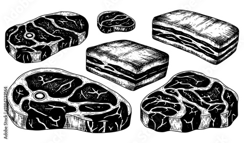 Vintage engraved meat cuts collection with steak pork belly and sirloin hand drawn butcher style vector set