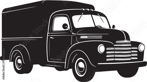 Vintage delivery truck, black and white illustration, classic vehicle, transportation icon