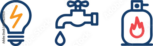 Set of vector icons representing electricity water and gas utilities for energy and resource management services for domestic use.