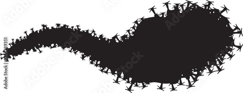 Black silhouette, airplane swarm, vector illustration, flock of planes, aviation collection
