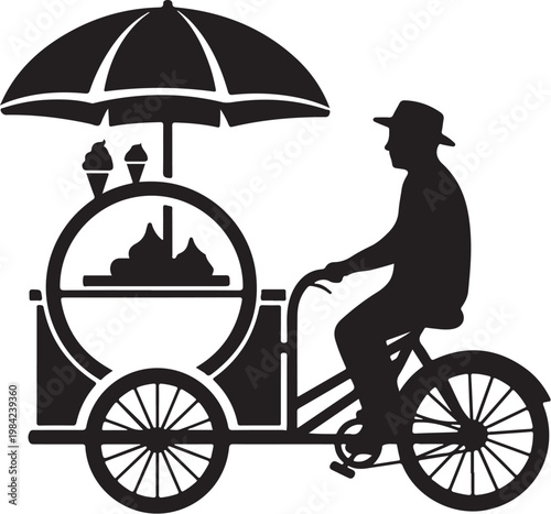 Black silhouette of food vendor, bicycle cart, umbrella, city street food, vendor icon
