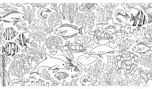 Detailed seamless sea life sketch pattern with fish turtle dolphin coral and algae hand drawn vector background