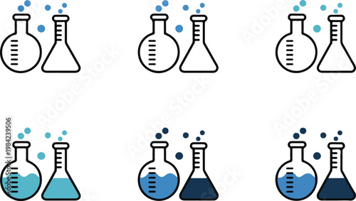 Science lab flask icon set featuring various blue colors and outline styles for chemistry experiment and research demonstration.