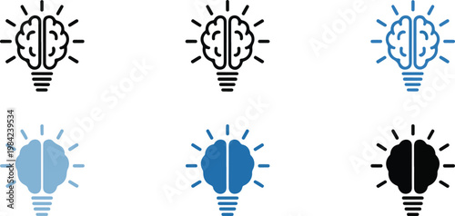 Brain light bulb icon collection representing creative ideas and intelligence in various outline and filled blue color variants.