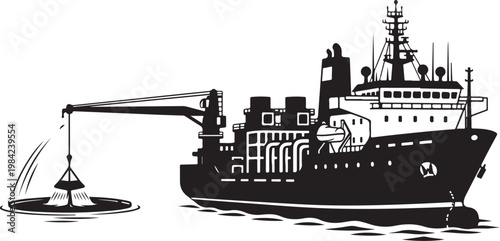Fishing Trawler, Industrial Boat, Black Vector Illustration, Nautical Icon