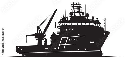 Industrial cargo ship, vessel silhouette, black boat icon, crane ship illustration