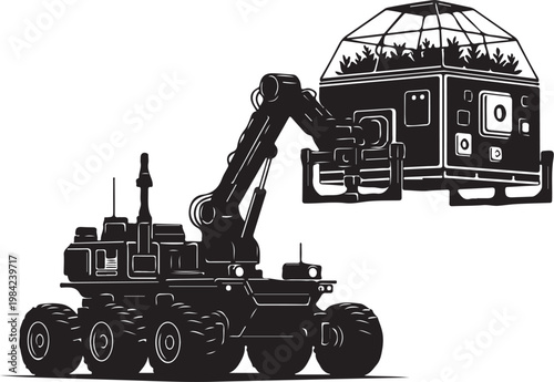 Robot, futuristic excavator, mechanical vehicle, industrial machine, black and white vector