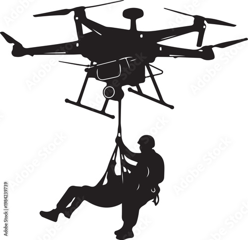 Rescue drone, aerial lifesaving, silhouette illustration, black vector graphics, emergency response