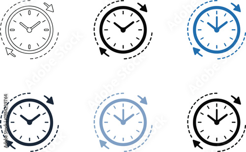 Set of six round time clock icon in different styles, vector illustration, arrows rotating around the dial.
