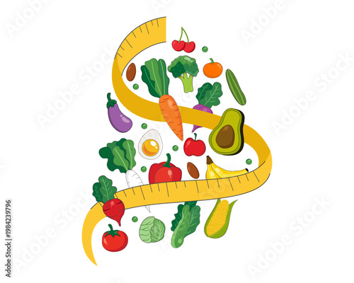 Illustration of measure tape with healthy diet meal fruits, vegetables for proper nutrition.