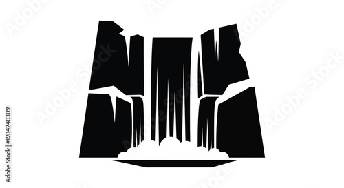 A stark black silhouette depicts a mountainous landscape with a dramatic waterfall cascade creating a striking visual silhouette high quality professional