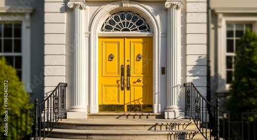 Elegant yellow double doors with a classic porch setting illustration