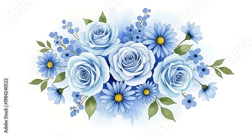 Elegant bouquet of blue and white roses with delicate flowers and greenery illustration