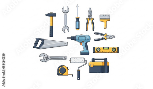 Hand tools collection with hammer drill wrench and repair equipment vector